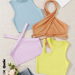 SHEIN M crop top set of 4 blue, yellow, orange, purple pastel colors rib knit